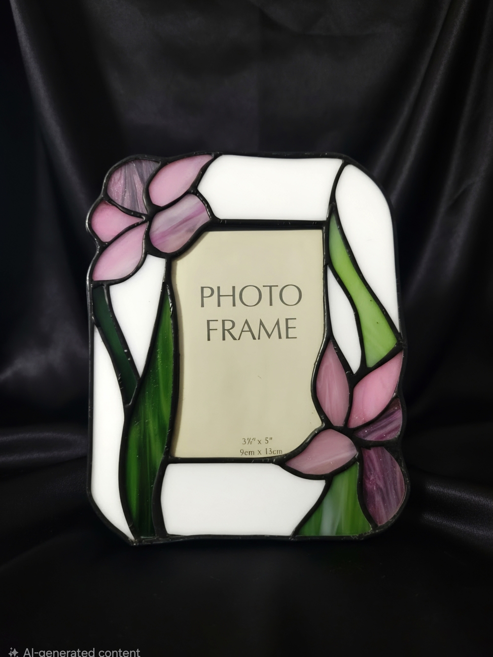Vintage handcrafted stained glass floral picture frame Pink/White Flowers Motif